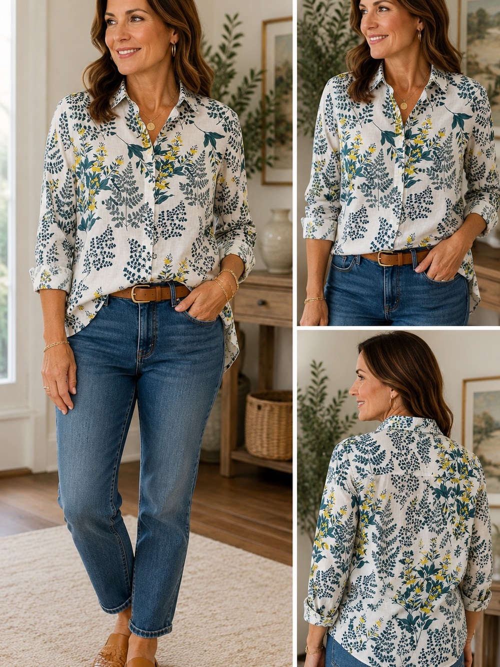 Cynthia Rowley 100% Linen Floral Button Down Shirt Cottagecore Botanical Top S